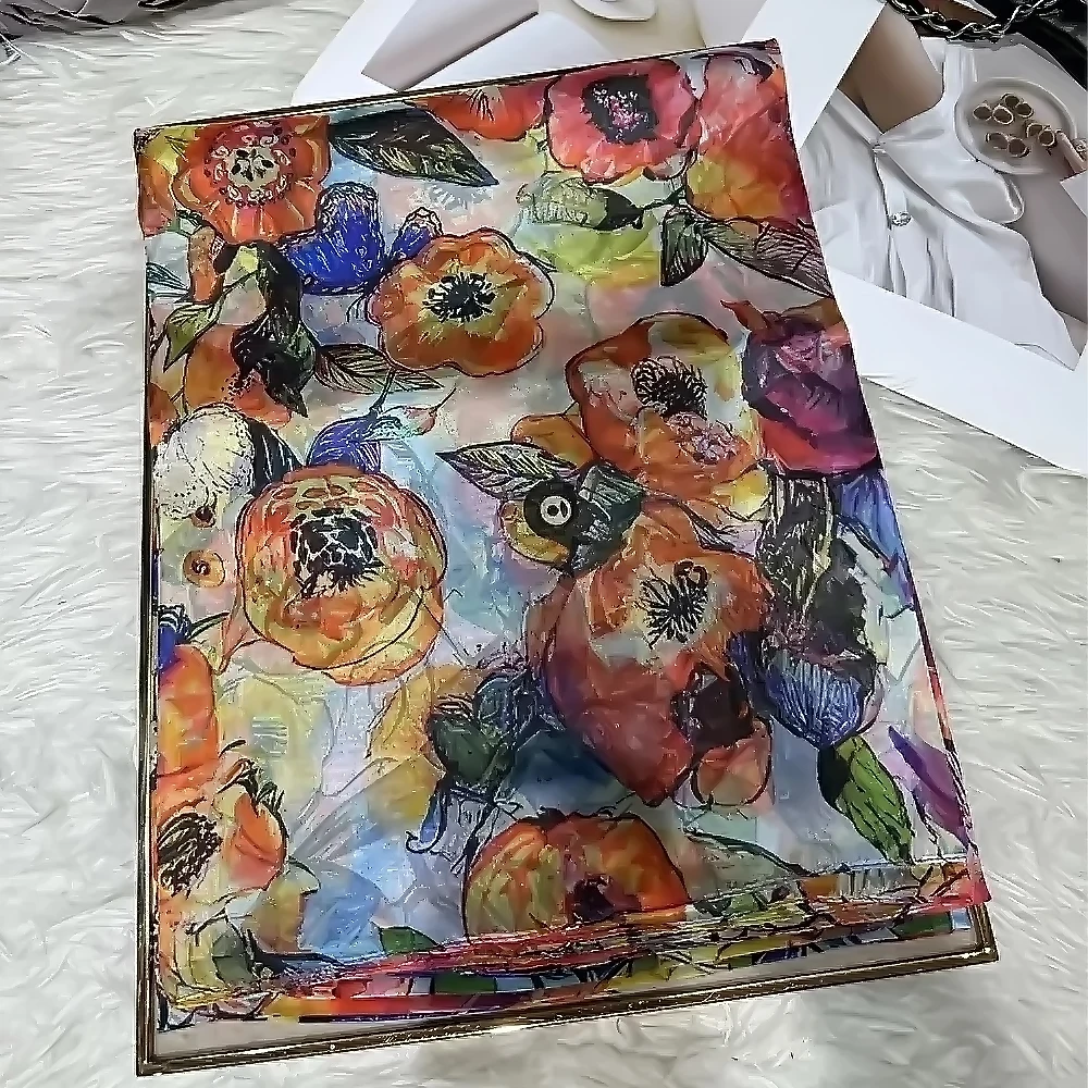 White Blue Women 100% Mulberry Silk Scarf Elegant Floral Design Long Silk Scarf Cape Summer Beach Silk Shawl Wrap Hijab Scarf