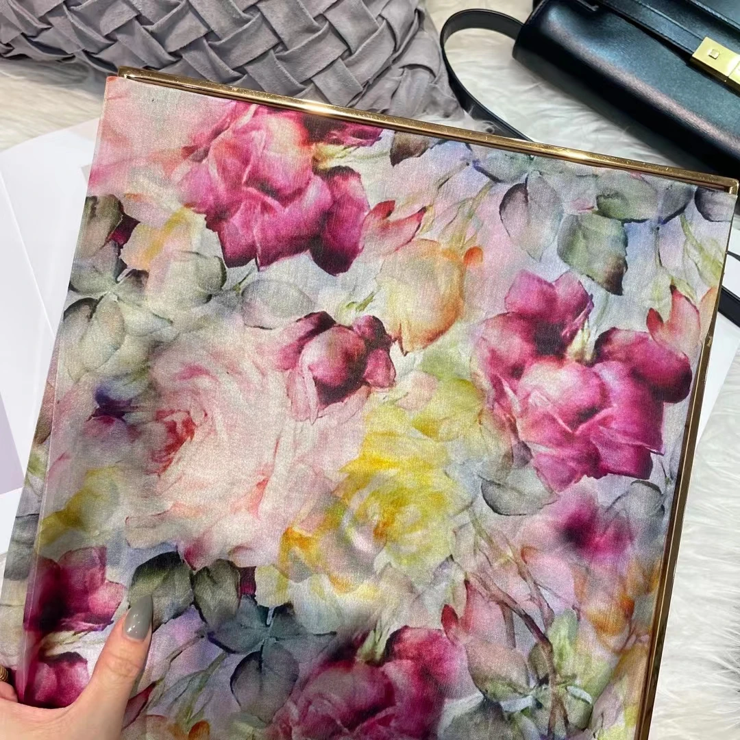 White Blue Women 100% Mulberry Silk Scarf Elegant Floral Design Long Silk Scarf Cape Summer Beach Silk Shawl Wrap Hijab Scarf