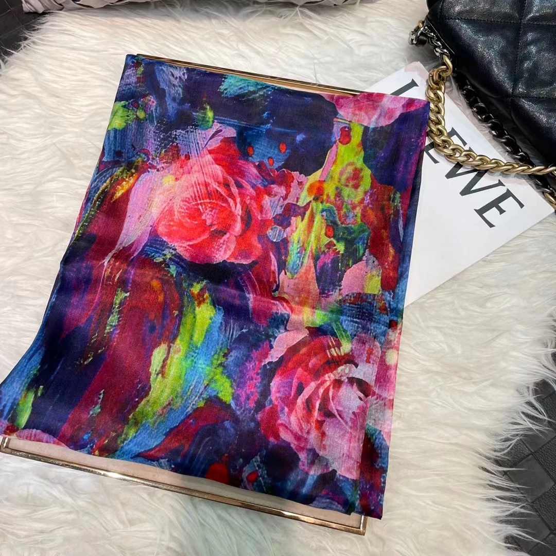 White Blue Women 100% Mulberry Silk Scarf Elegant Floral Design Long Silk Scarf Cape Summer Beach Silk Shawl Wrap Hijab Scarf