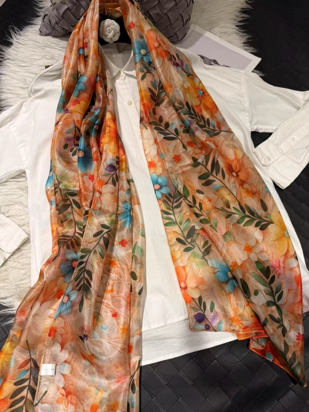 White Blue Women 100% Mulberry Silk Scarf Elegant Floral Design Long Silk Scarf Cape Summer Beach Silk Shawl Wrap Hijab Scarf