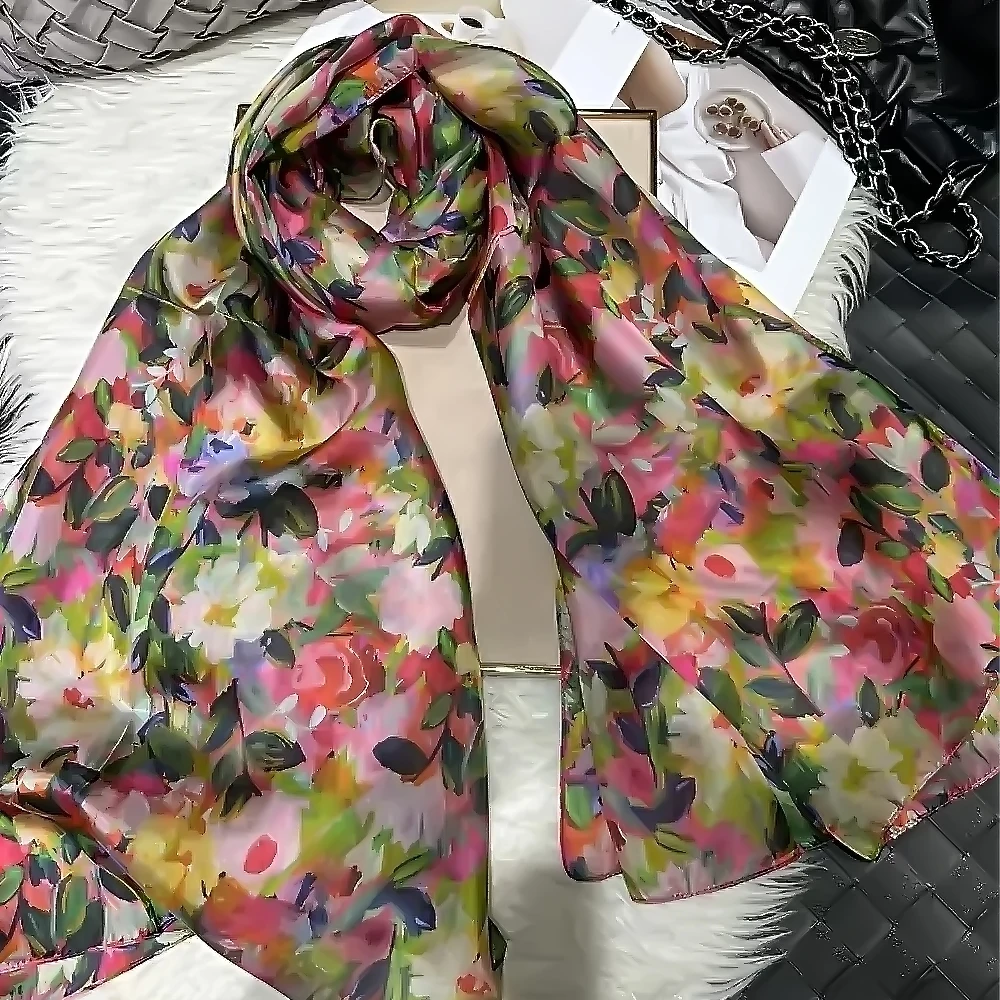 White Blue Women 100% Mulberry Silk Scarf Elegant Floral Design Long Silk Scarf Cape Summer Beach Silk Shawl Wrap Hijab Scarf