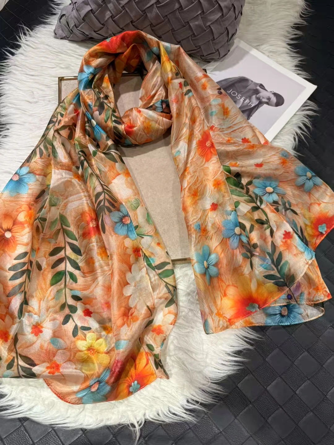 White Blue Women 100% Mulberry Silk Scarf Elegant Floral Design Long Silk Scarf Cape Summer Beach Silk Shawl Wrap Hijab Scarf