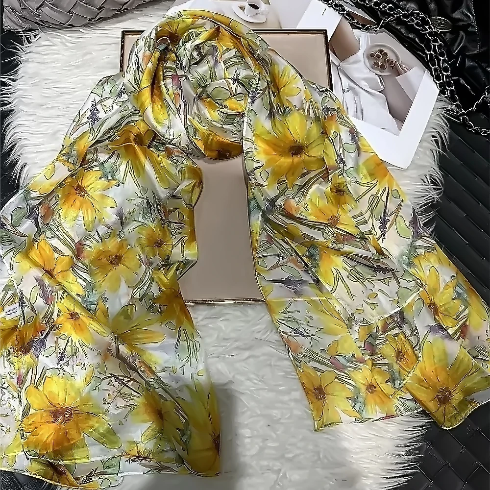 White Blue Women 100% Mulberry Silk Scarf Elegant Floral Design Long Silk Scarf Cape Summer Beach Silk Shawl Wrap Hijab Scarf