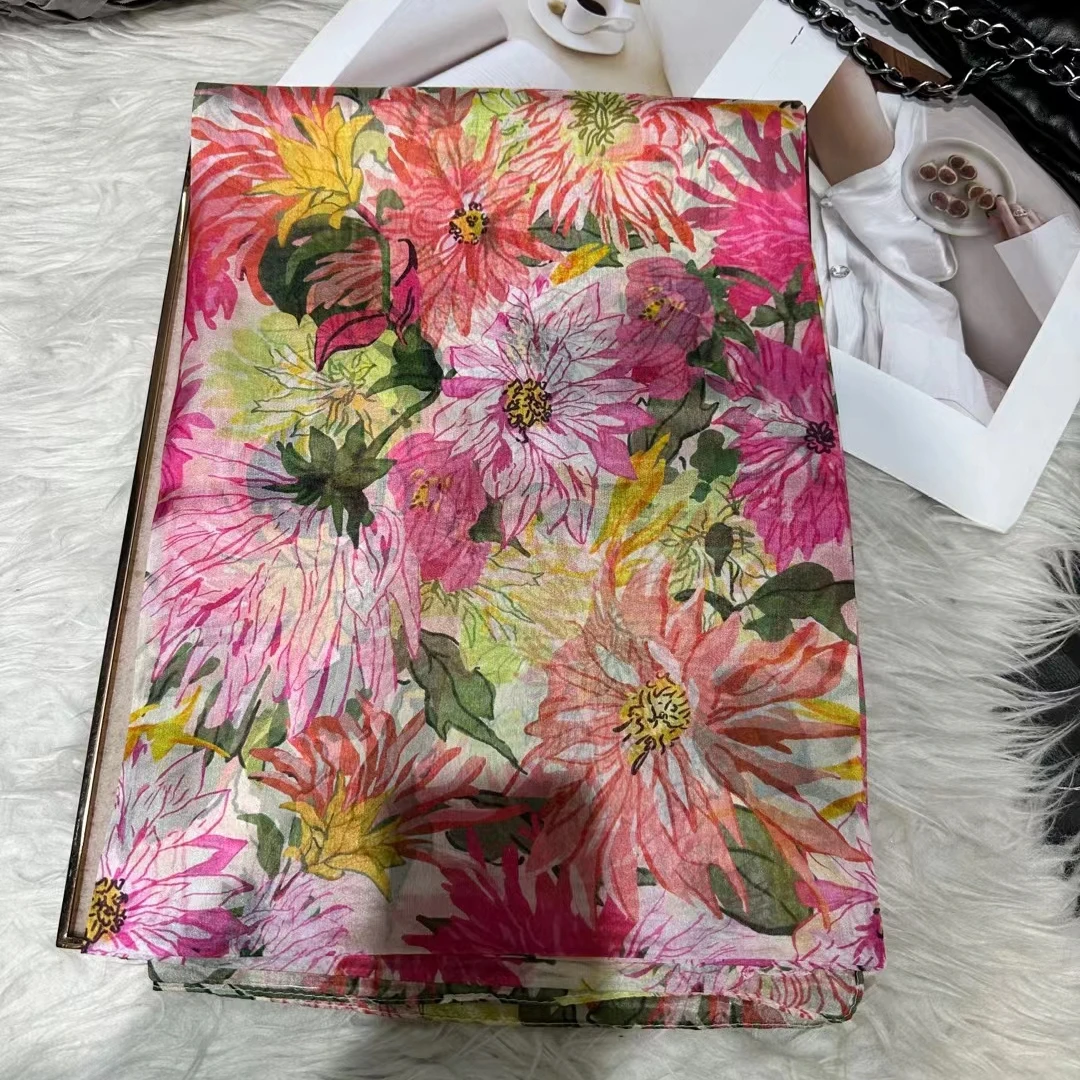 White Blue Women 100% Mulberry Silk Scarf Elegant Floral Design Long Silk Scarf Cape Summer Beach Silk Shawl Wrap Hijab Scarf
