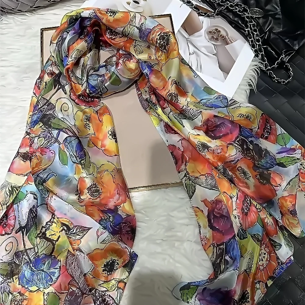 White Blue Women 100% Mulberry Silk Scarf Elegant Floral Design Long Silk Scarf Cape Summer Beach Silk Shawl Wrap Hijab Scarf