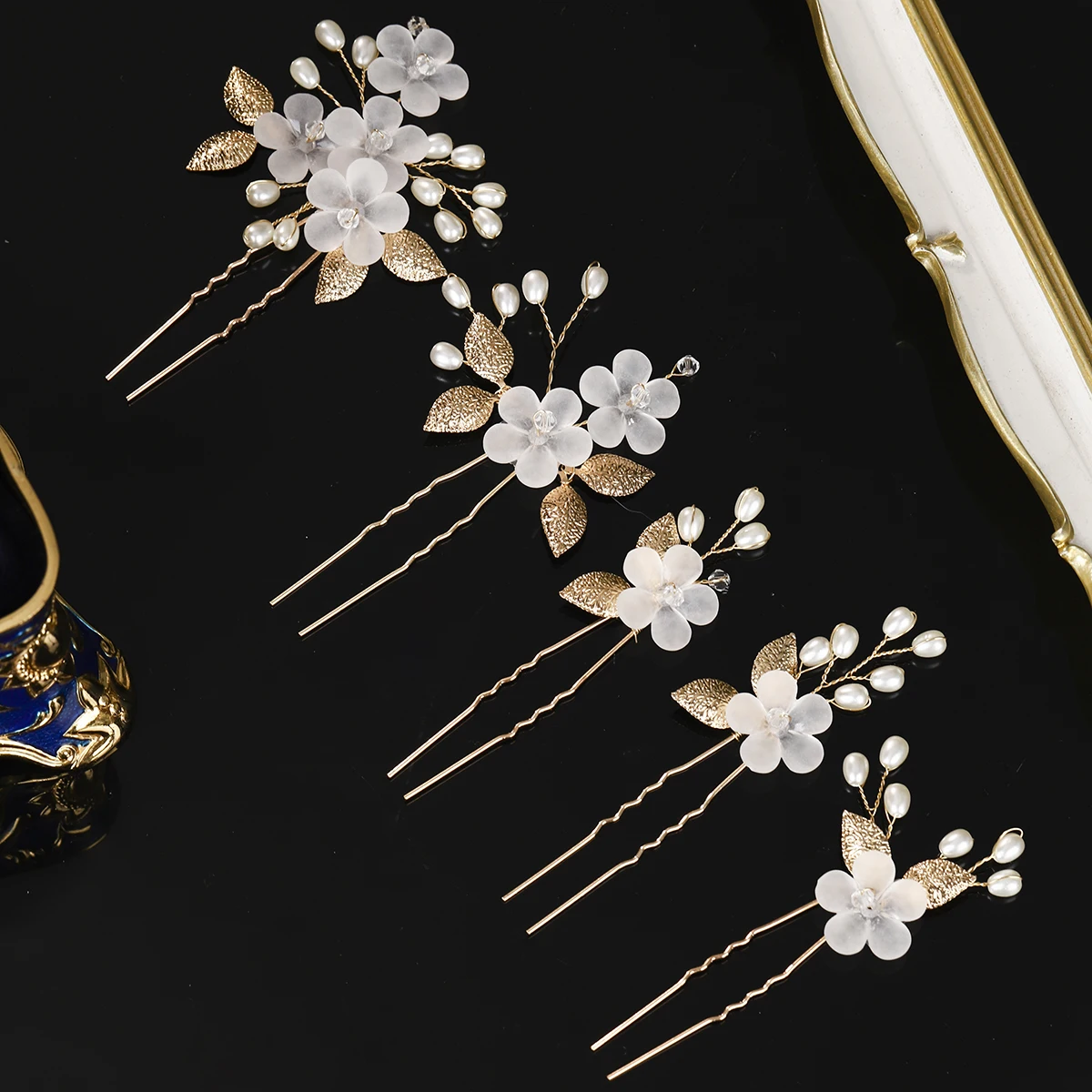 Fashion Crystal Pearl Flower Hairpin Set 5PK Bridal Wedding Headpieces Party Banquet Woman's Hairpin As Gifts