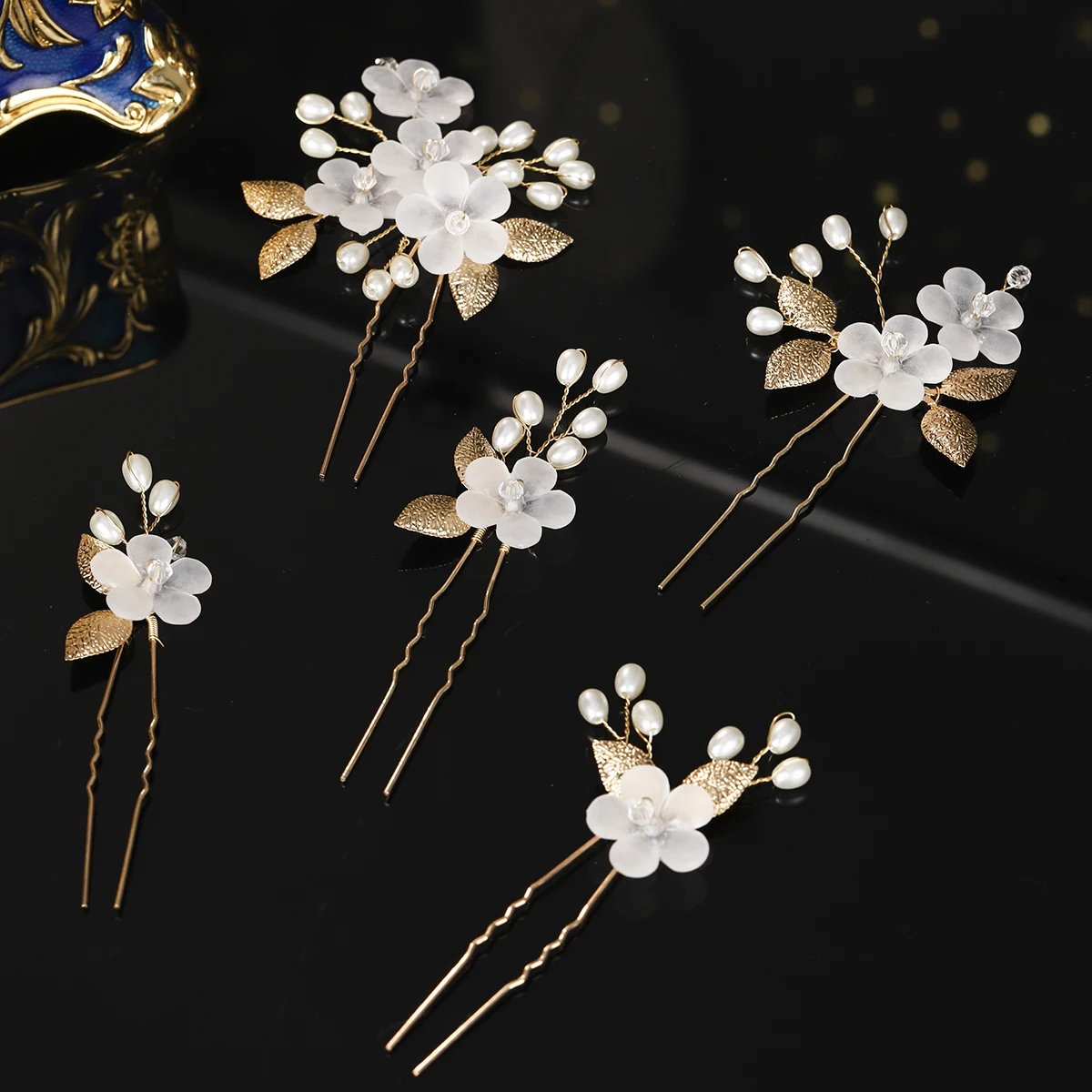 Fashion Crystal Pearl Flower Hairpin Set 5PK Bridal Wedding Headpieces Party Banquet Woman's Hairpin As Gifts