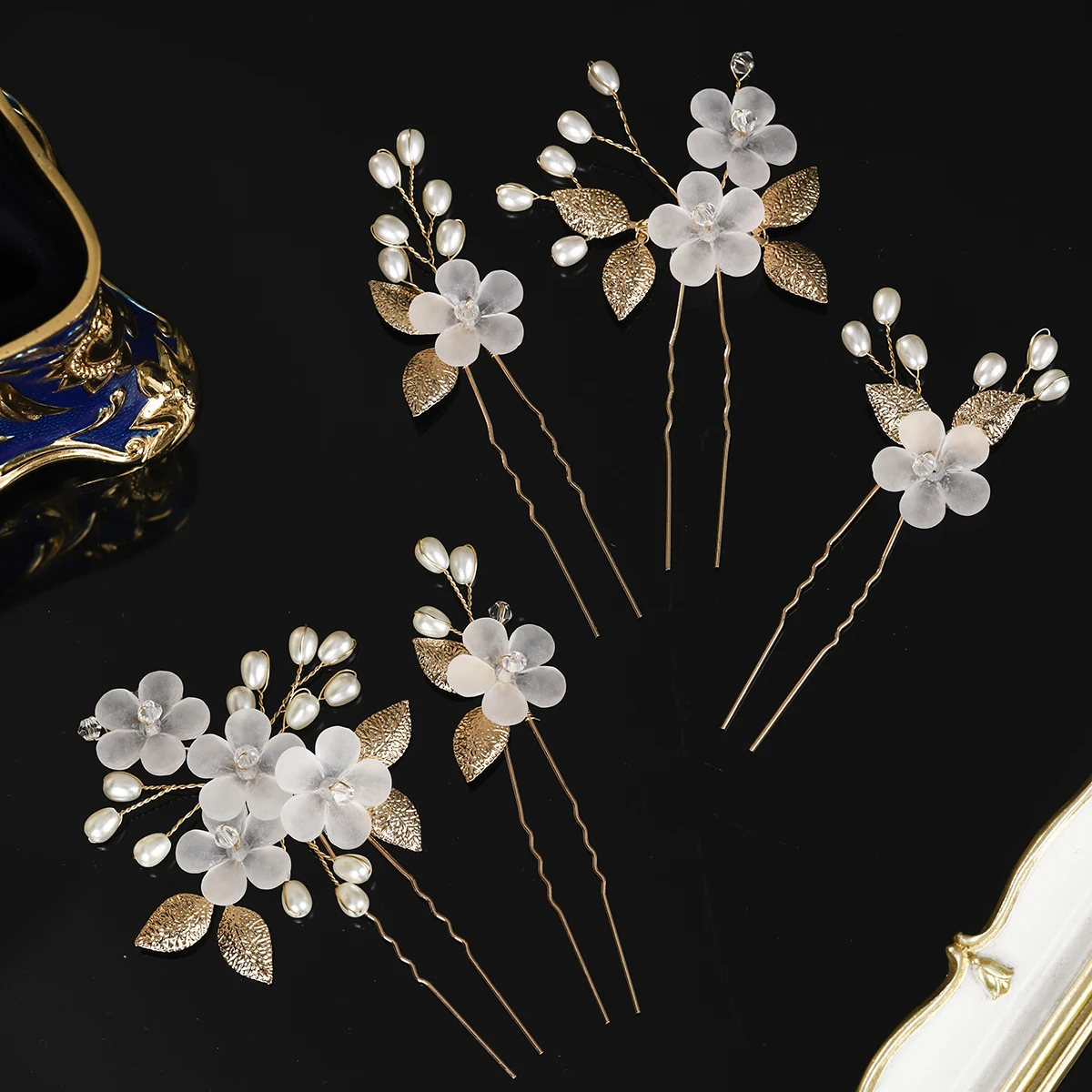 Fashion Crystal Pearl Flower Hairpin Set 5PK Bridal Wedding Headpieces Party Banquet Woman's Hairpin As Gifts