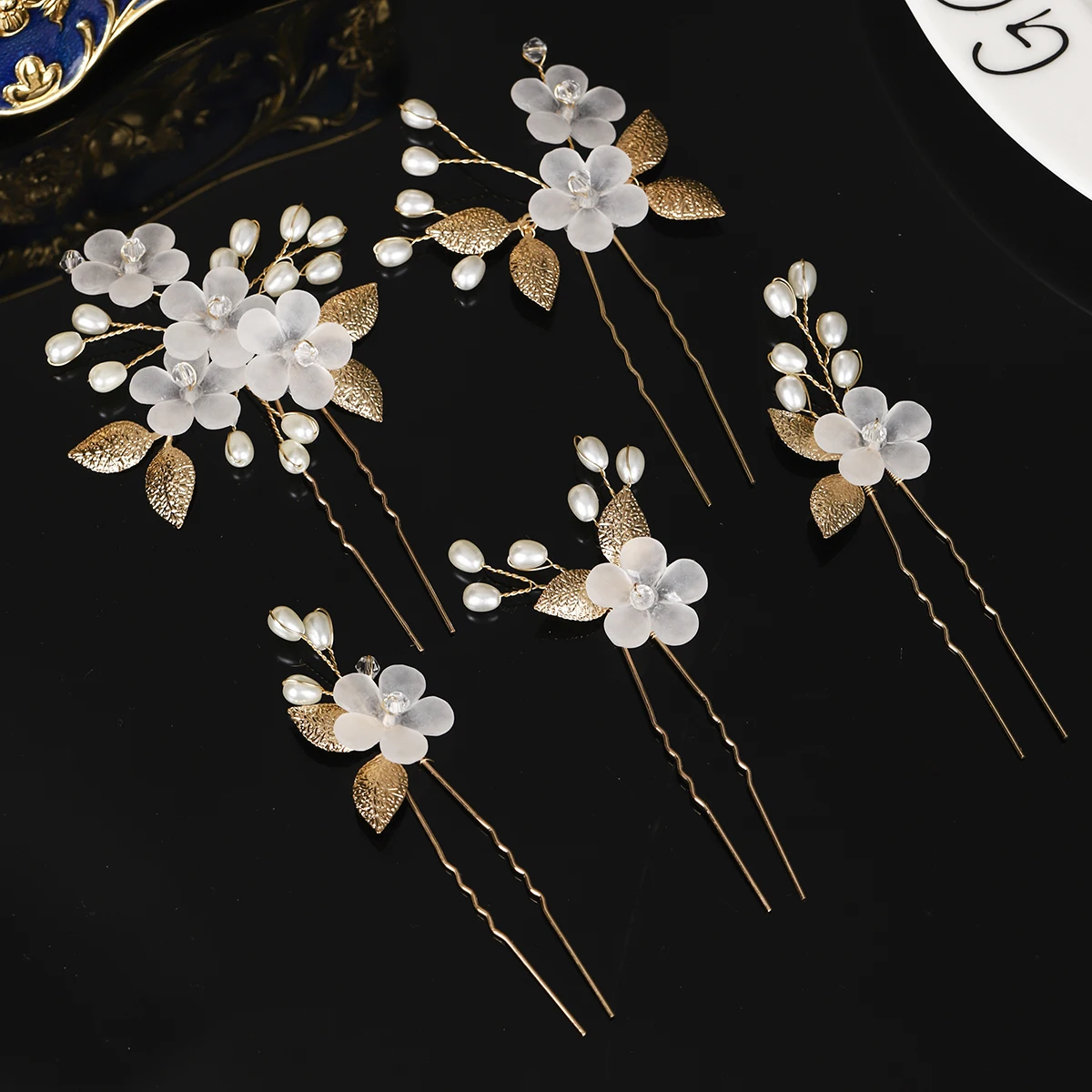 Fashion Crystal Pearl Flower Hairpin Set 5PK Bridal Wedding Headpieces Party Banquet Woman's Hairpin As Gifts