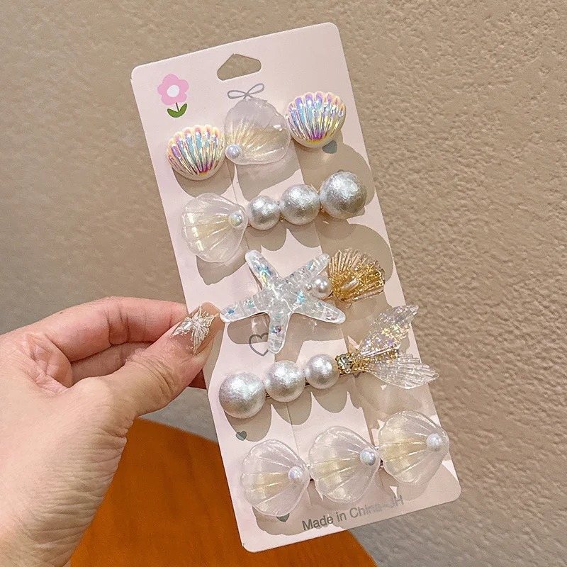5pcs Starfish Colorful Shell Pearl Hair Clip for Women Sweet Cute Duckbill Clip Fashion Girl Hairpin Hair Accessories