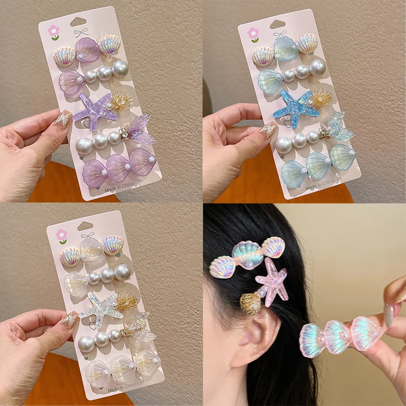 5pcs Starfish Colorful Shell Pearl Hair Clip for Women Sweet Cute Duckbill Clip Fashion Girl Hairpin Hair Accessories