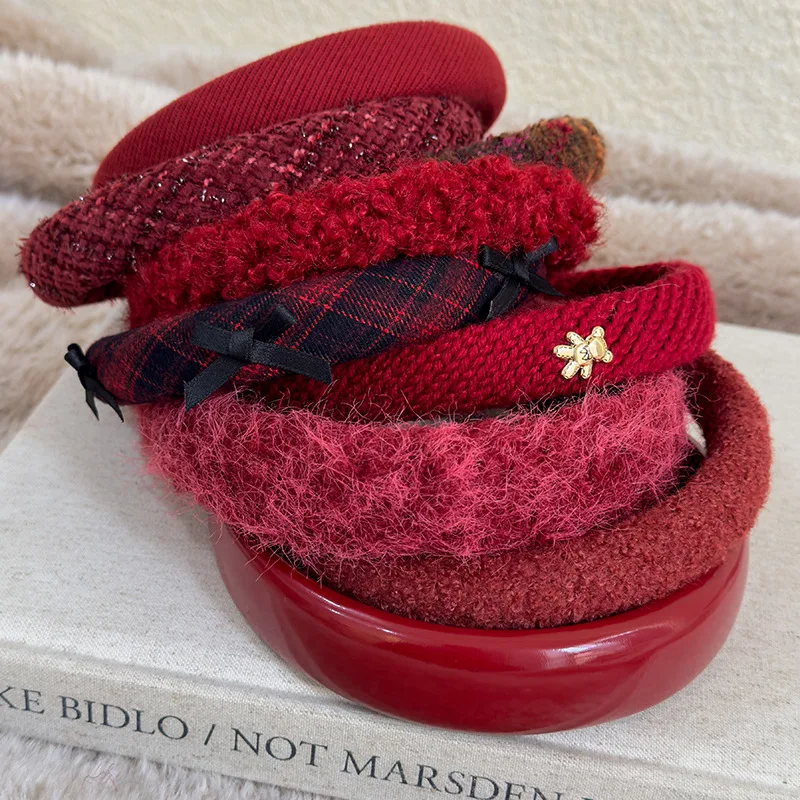 Red New Year Headbands Autumn/Winter Retro Woolen Knitting Hair Band for Woman Girls Temperament Hair Hoop Christmas Accessories