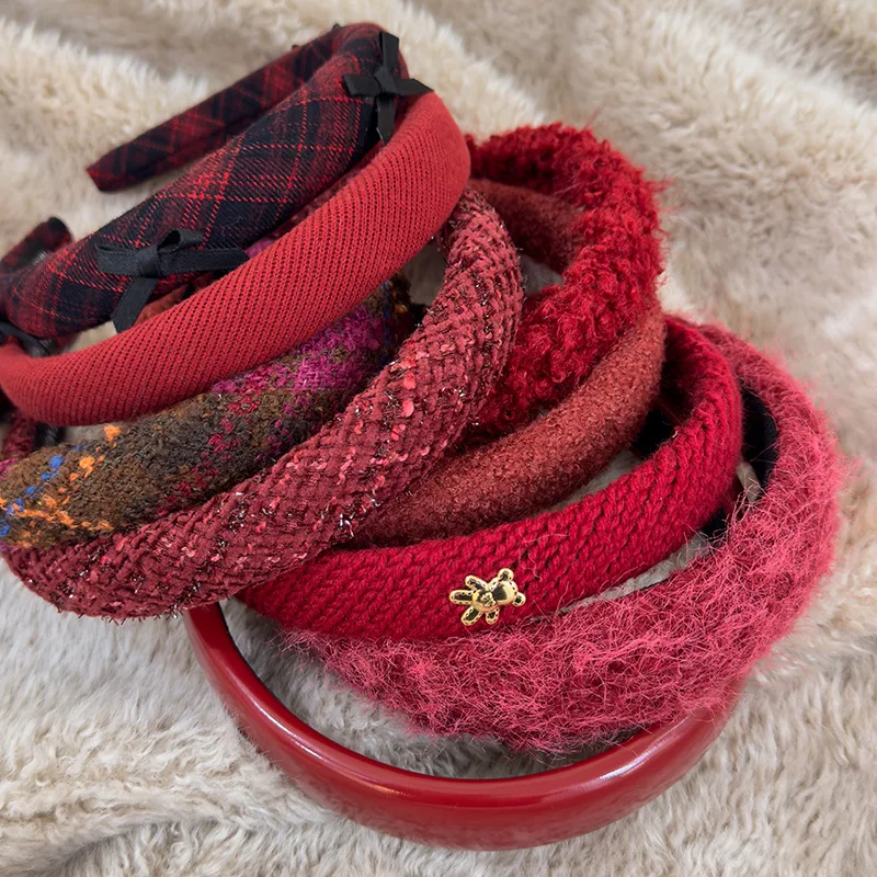 Red New Year Headbands Autumn/Winter Retro Woolen Knitting Hair Band for Woman Girls Temperament Hair Hoop Christmas Accessories