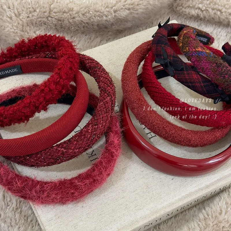 Red New Year Headbands Autumn/Winter Retro Woolen Knitting Hair Band for Woman Girls Temperament Hair Hoop Christmas Accessories