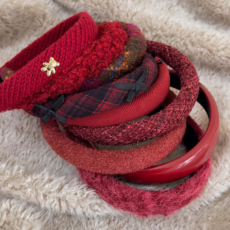 Red New Year Headbands Autumn/Winter Retro Woolen Knitting Hair Band for Woman Girls Temperament Hair Hoop Christmas Accessories