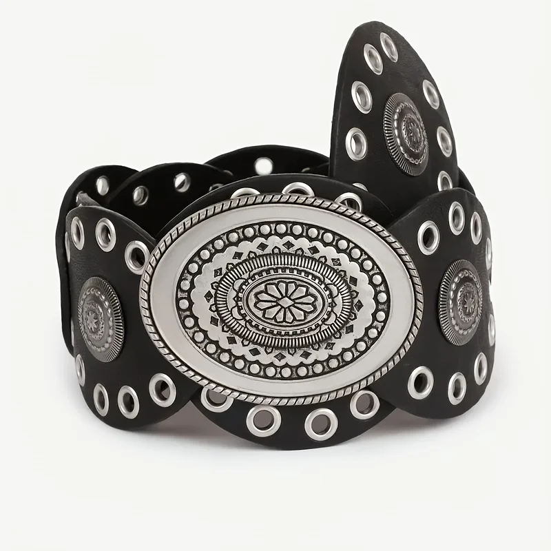 1pc Vintage Style Women'S Faux PU Belt with Oval Rivet Buckle Waistband Vintage Personalized Belts