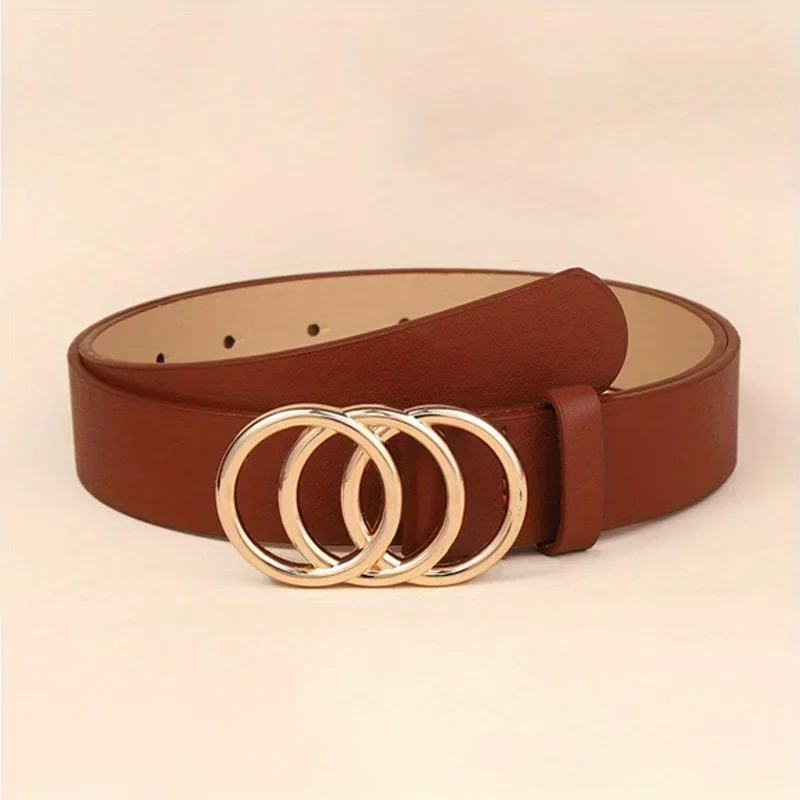 3Pcs/set Golden Triple Ring Buckle Belts Simple Solid Color PU Leather Belt Jeans Pants Belt Dress Coat Girdle For Women Belt