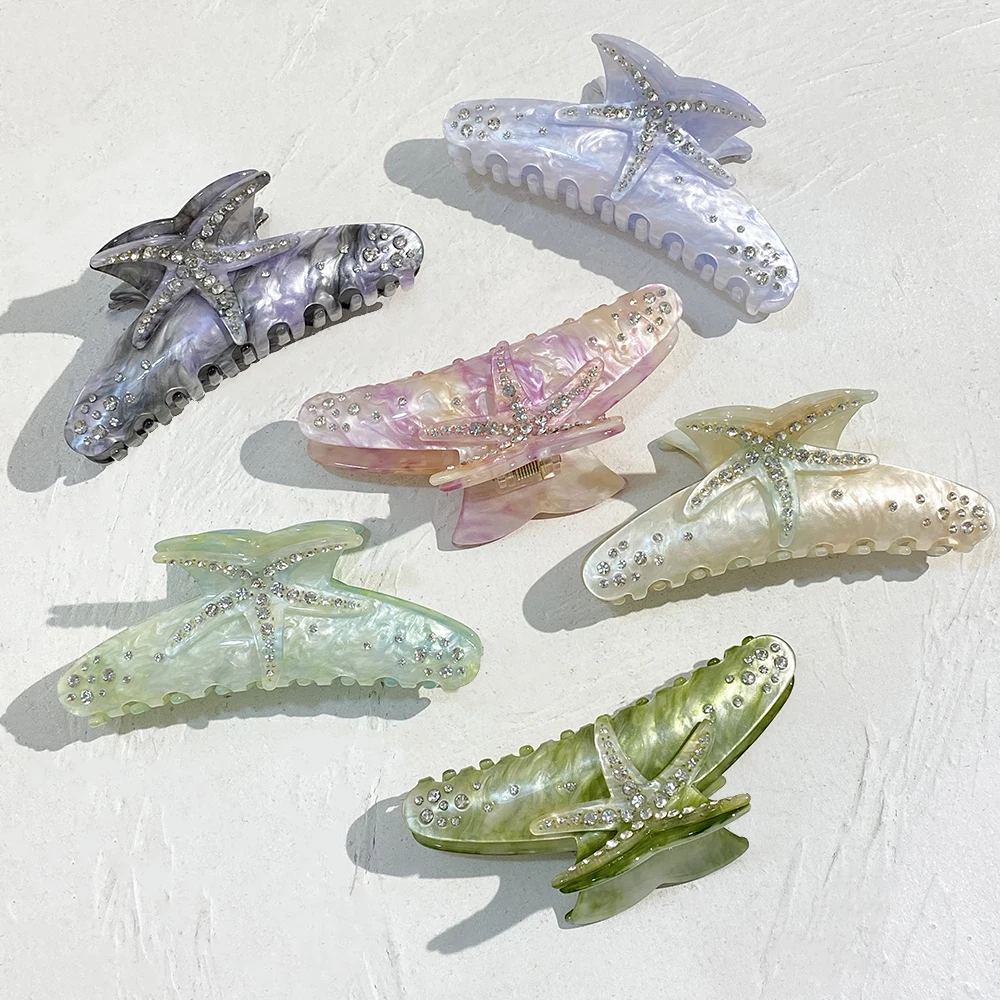 Creative Starfish Acetate Rhinestone Hair Claw Claw for Women Fashion Gradient Color Ponytail Hairpin Hair Accessories Tool
