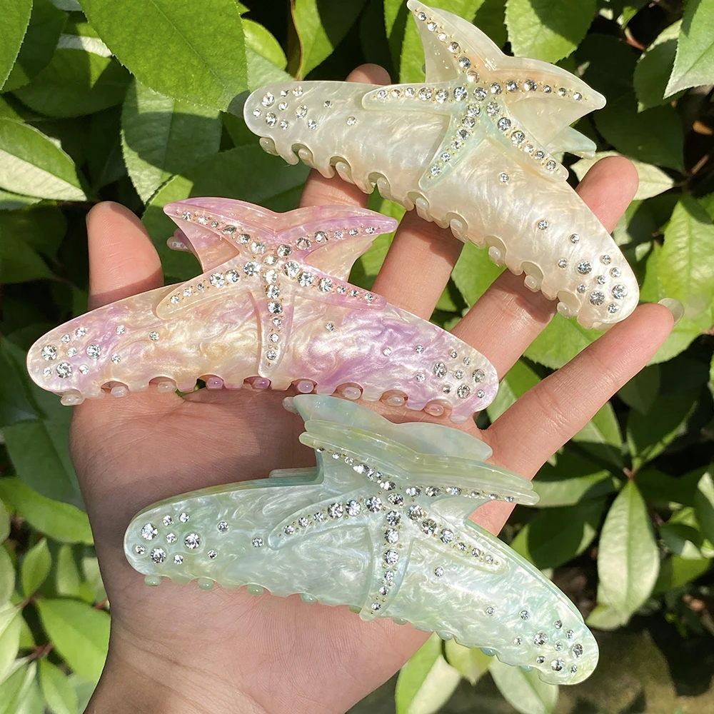 Creative Starfish Acetate Rhinestone Hair Claw Claw for Women Fashion Gradient Color Ponytail Hairpin Hair Accessories Tool