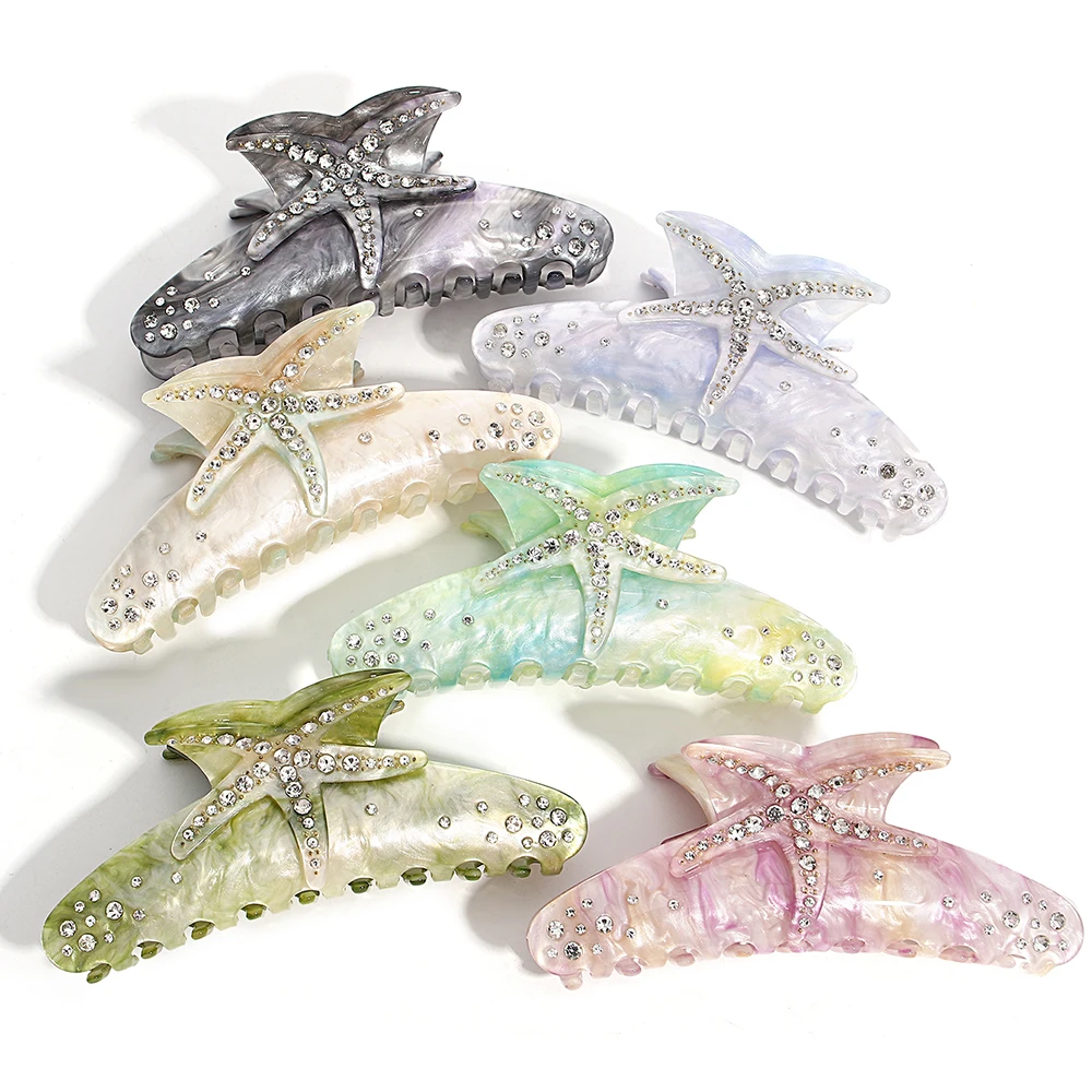 Creative Starfish Acetate Rhinestone Hair Claw Claw for Women Fashion Gradient Color Ponytail Hairpin Hair Accessories Tool