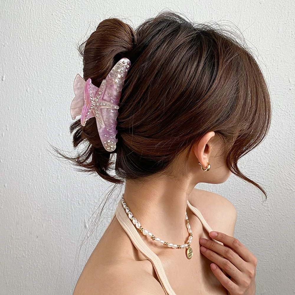 Creative Starfish Acetate Rhinestone Hair Claw Claw for Women Fashion Gradient Color Ponytail Hairpin Hair Accessories Tool