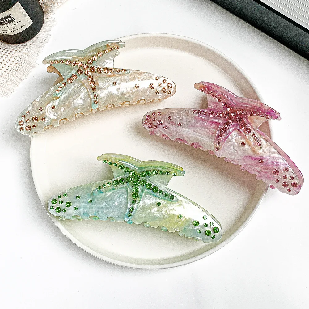 Creative Starfish Acetate Rhinestone Hair Claw Claw for Women Fashion Gradient Color Ponytail Hairpin Hair Accessories Tool