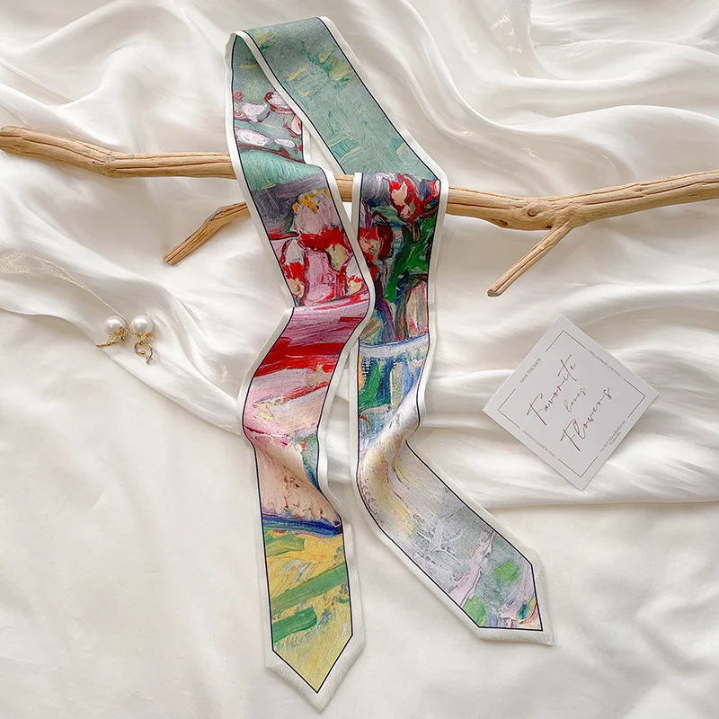 Diaphanous Fashion Headband Exquisite Thin Streamer Bag Strap Spring and Summer Oil Painting Style Small Ribbon Long Scarf Belt