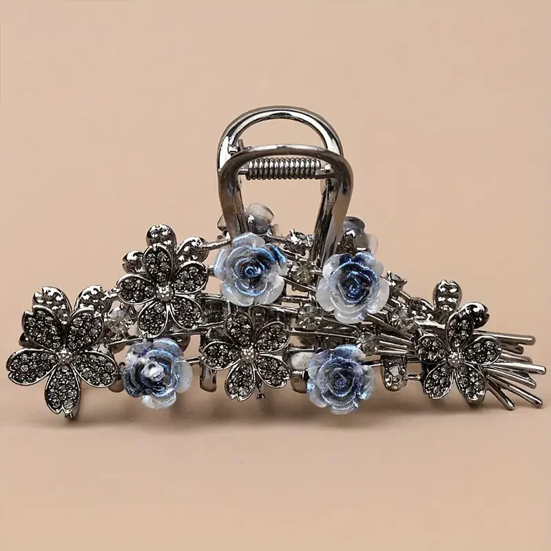 A classic rose shaped hairpin with crystal inlay, made of zinc alloy material, elegant black accessories, for women