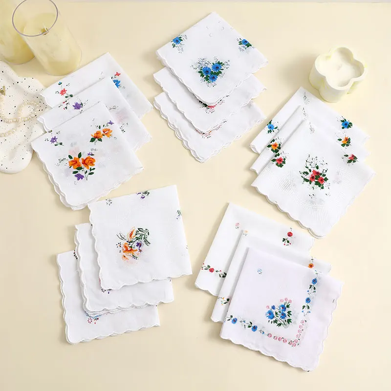 12 Packs of Women's Pure Cotton Printed Handkerchiefs, Pure Cotton Handkerchiefs, Wedding Bride Souvenirs, Flap Pocket Pants Sca