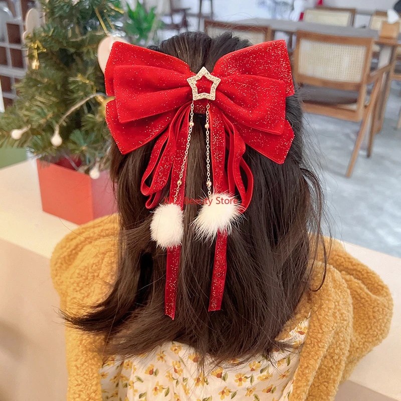 1PC Red Golden Bow Hair Clip For Women Girls Ornament Christmas New Year Hair Clips Hair Accessories