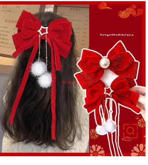 1PC Red Golden Bow Hair Clip For Women Girls Ornament Christmas New Year Hair Clips Hair Accessories
