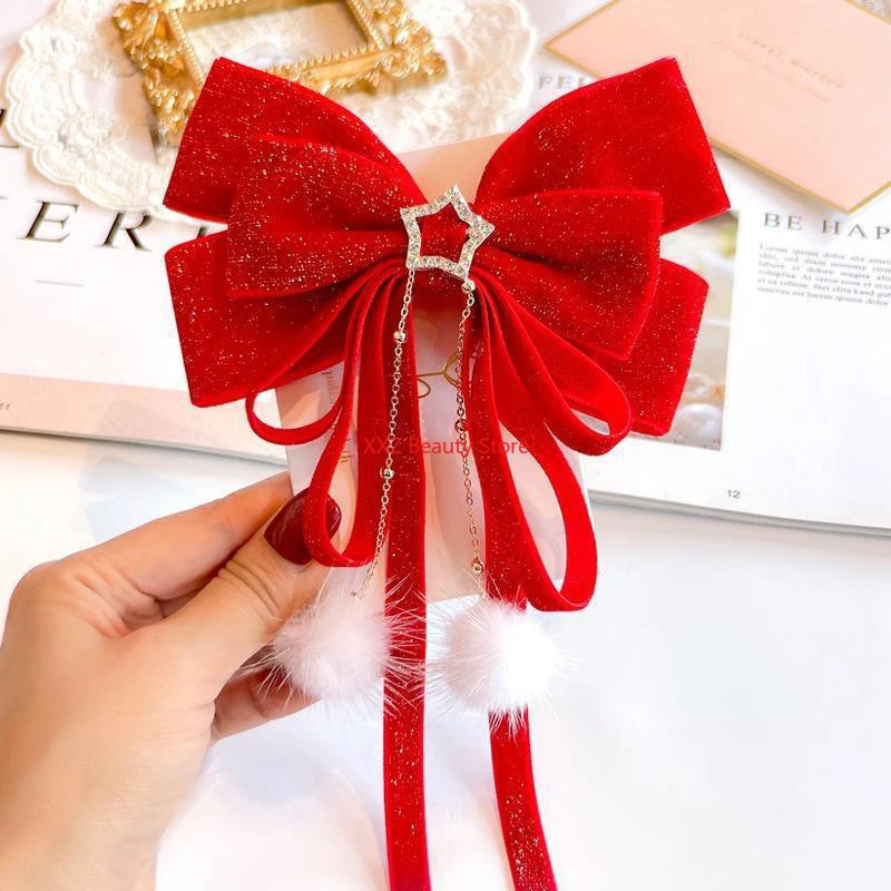 1PC Red Golden Bow Hair Clip For Women Girls Ornament Christmas New Year Hair Clips Hair Accessories