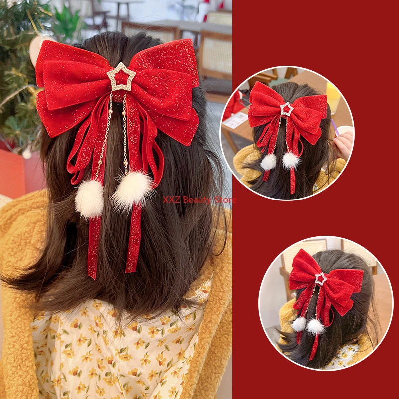 1PC Red Golden Bow Hair Clip For Women Girls Ornament Christmas New Year Hair Clips Hair Accessories