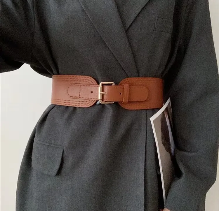Elastic women's waist seal square pin buckle fashion belt Stretch wide belt with suit jacket