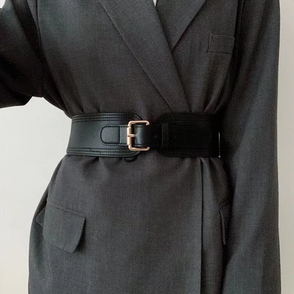 Elastic women's waist seal square pin buckle fashion belt Stretch wide belt with suit jacket