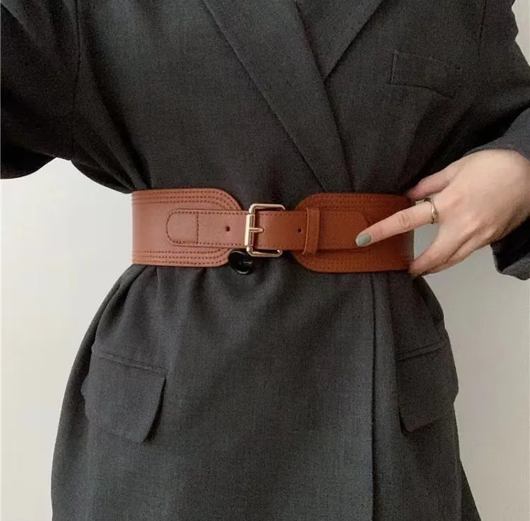 Elastic women's waist seal square pin buckle fashion belt Stretch wide belt with suit jacket