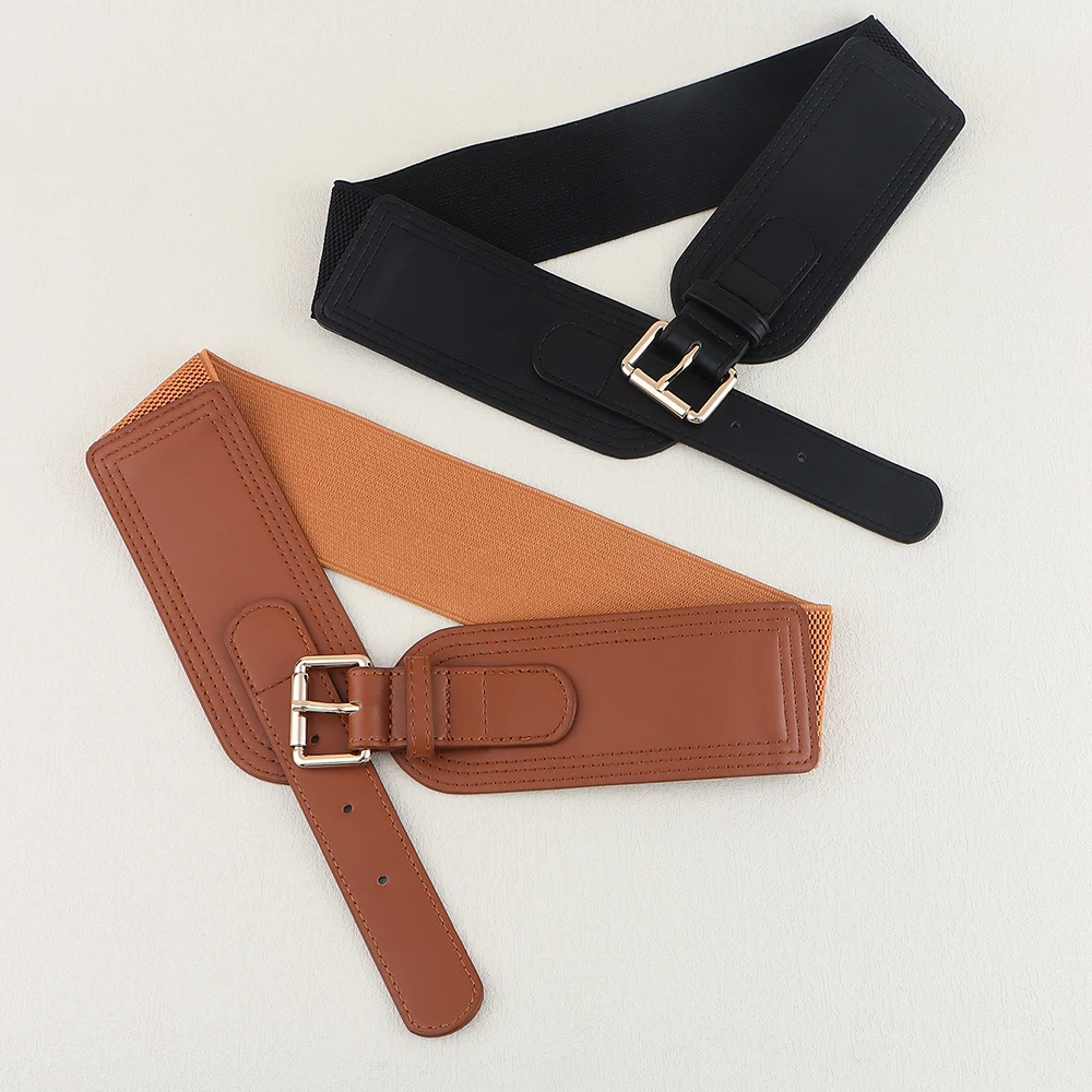 Elastic women's waist seal square pin buckle fashion belt Stretch wide belt with suit jacket