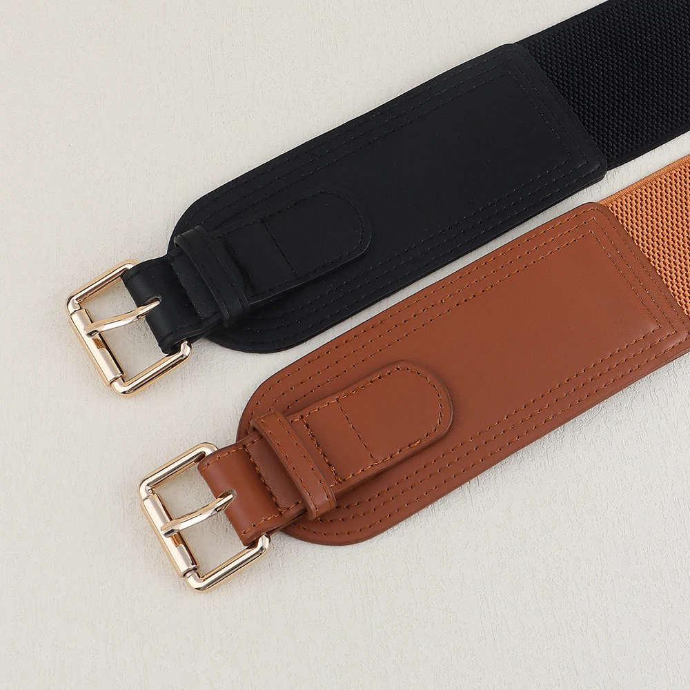Elastic women's waist seal square pin buckle fashion belt Stretch wide belt with suit jacket