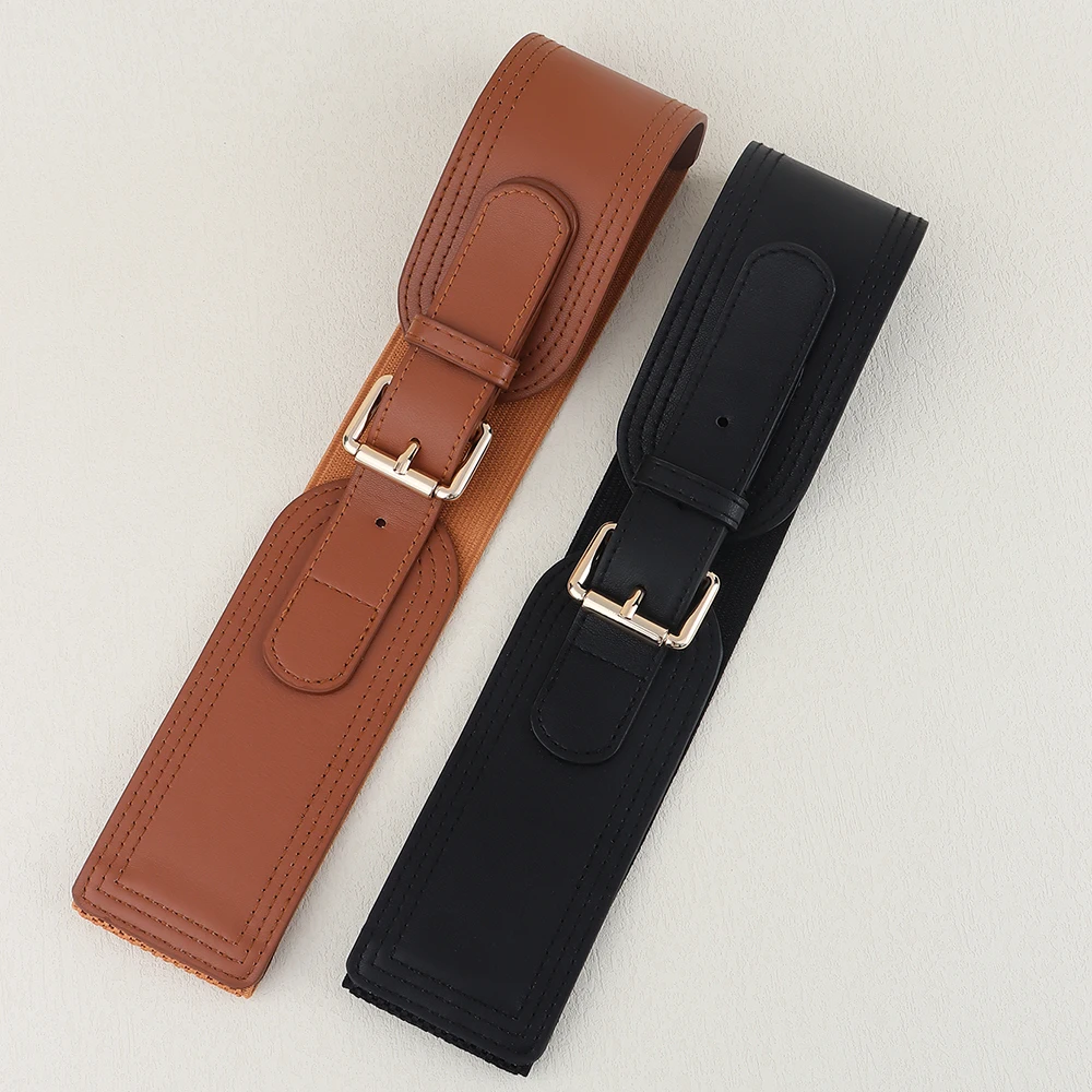 Elastic women's waist seal square pin buckle fashion belt Stretch wide belt with suit jacket