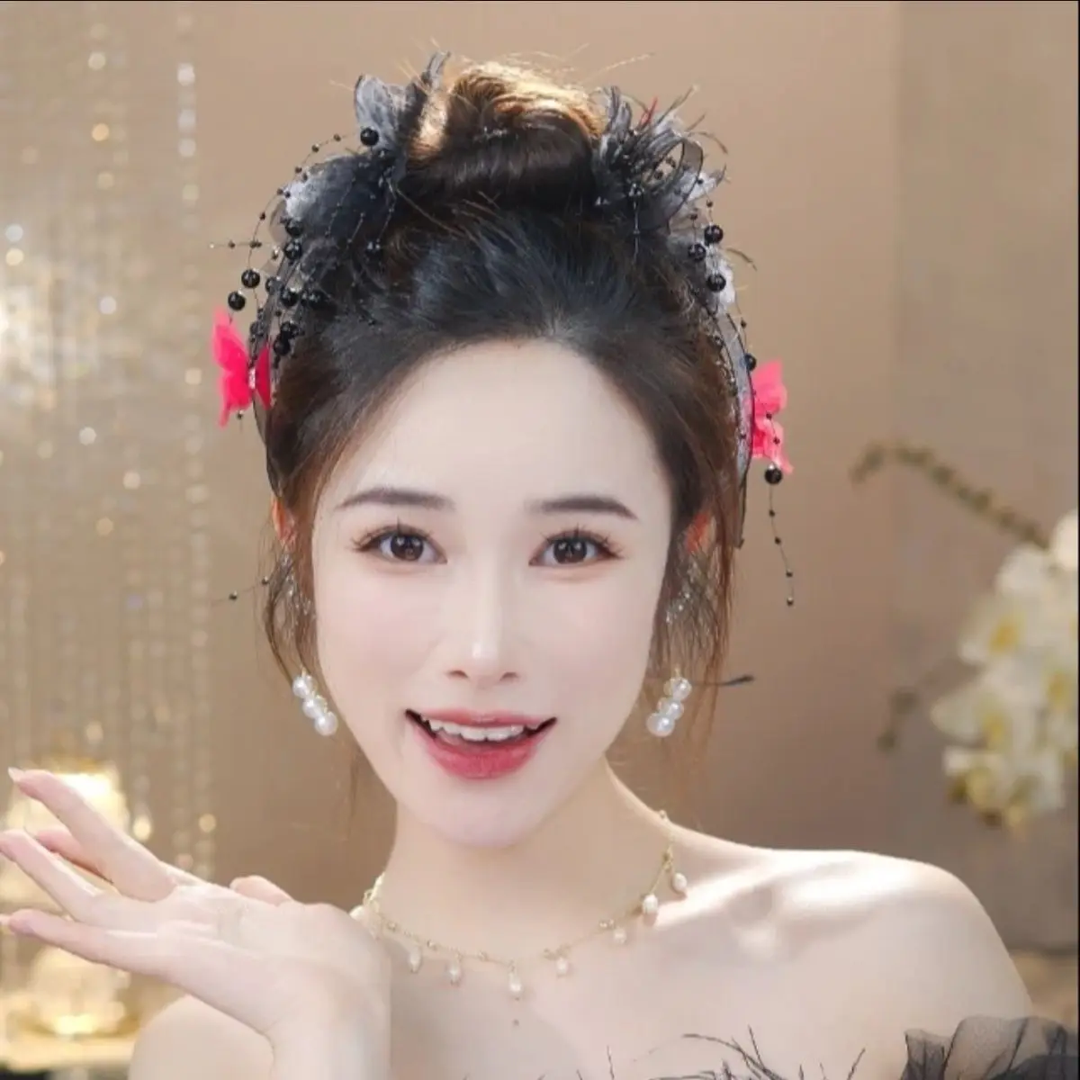 Women Luxury Autumn Winter French Style Flower Bead Feather Tassel Hair Accessories Female Hairpin Shark Hair Claw Headdress