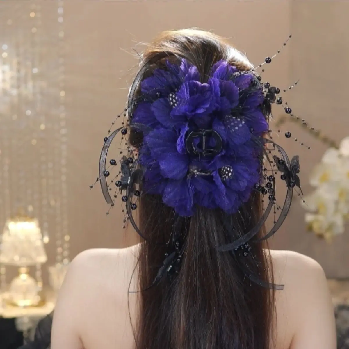 Women Luxury Autumn Winter French Style Flower Bead Feather Tassel Hair Accessories Female Hairpin Shark Hair Claw Headdress