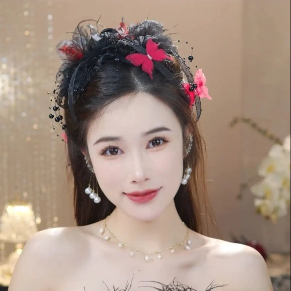 Women Luxury Autumn Winter French Style Flower Bead Feather Tassel Hair Accessories Female Hairpin Shark Hair Claw Headdress
