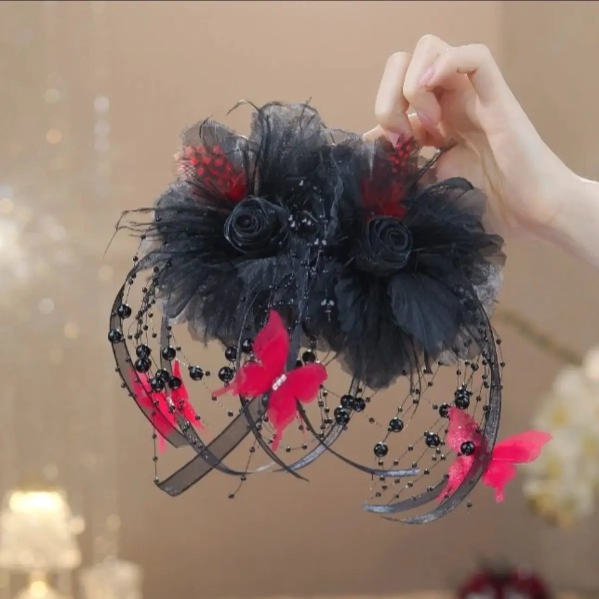 Women Luxury Autumn Winter French Style Flower Bead Feather Tassel Hair Accessories Female Hairpin Shark Hair Claw Headdress