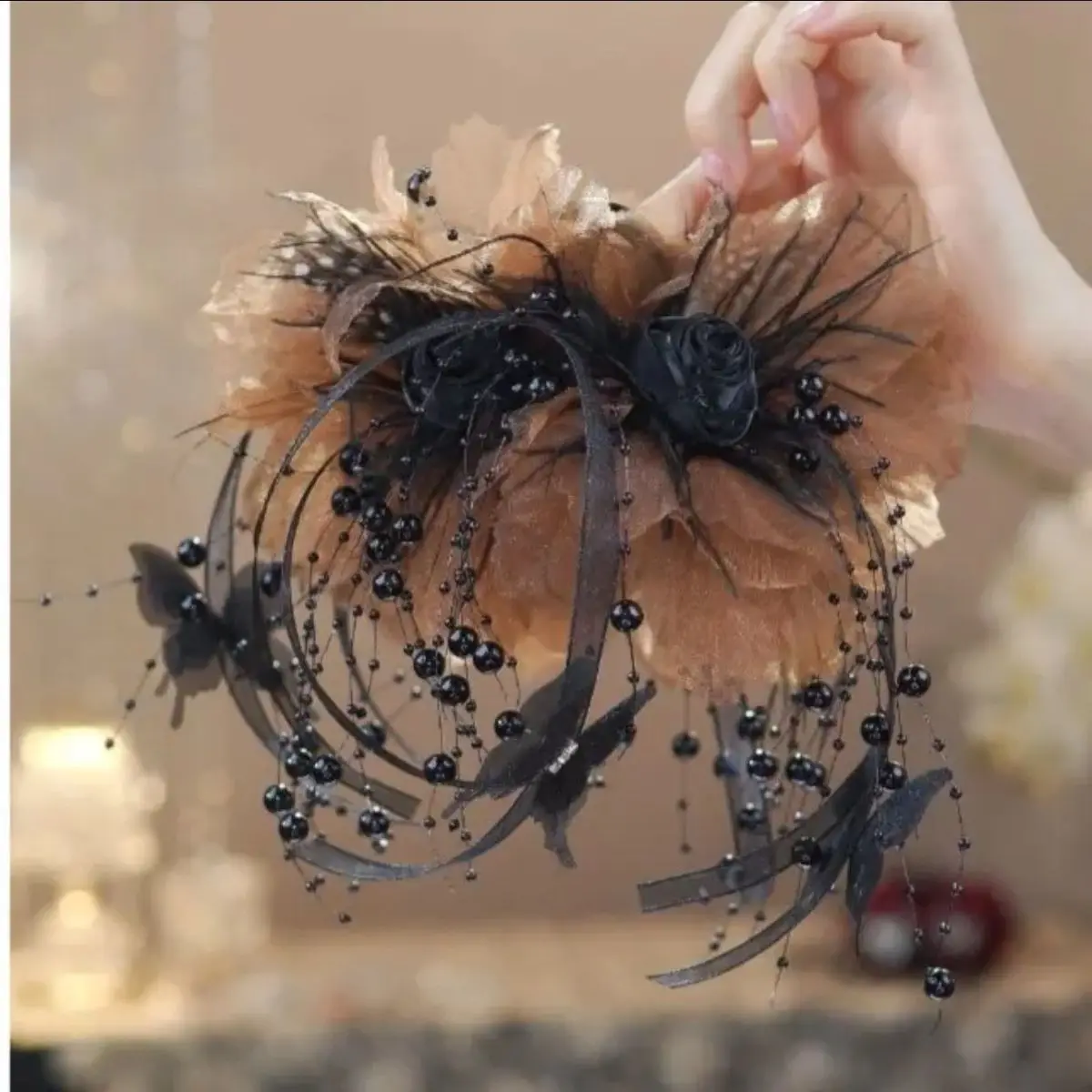 Women Luxury Autumn Winter French Style Flower Bead Feather Tassel Hair Accessories Female Hairpin Shark Hair Claw Headdress