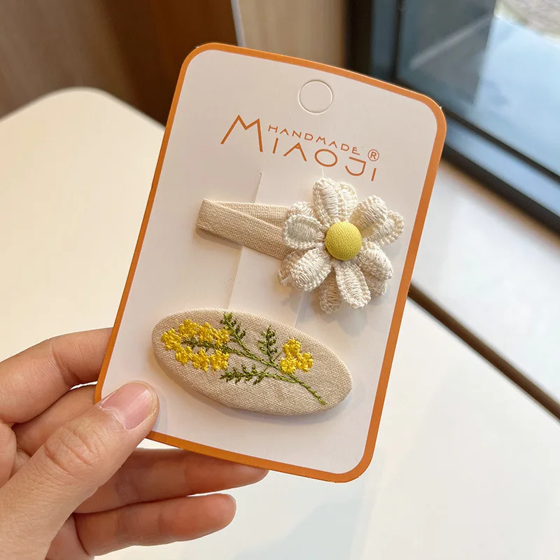 2Pcs/Set Girls Cloth Hair Clips Baby Cute Bow Hairpins Kids Floral Hairclip Lace Embroidery Hair Pins And Clips Hair Accessories