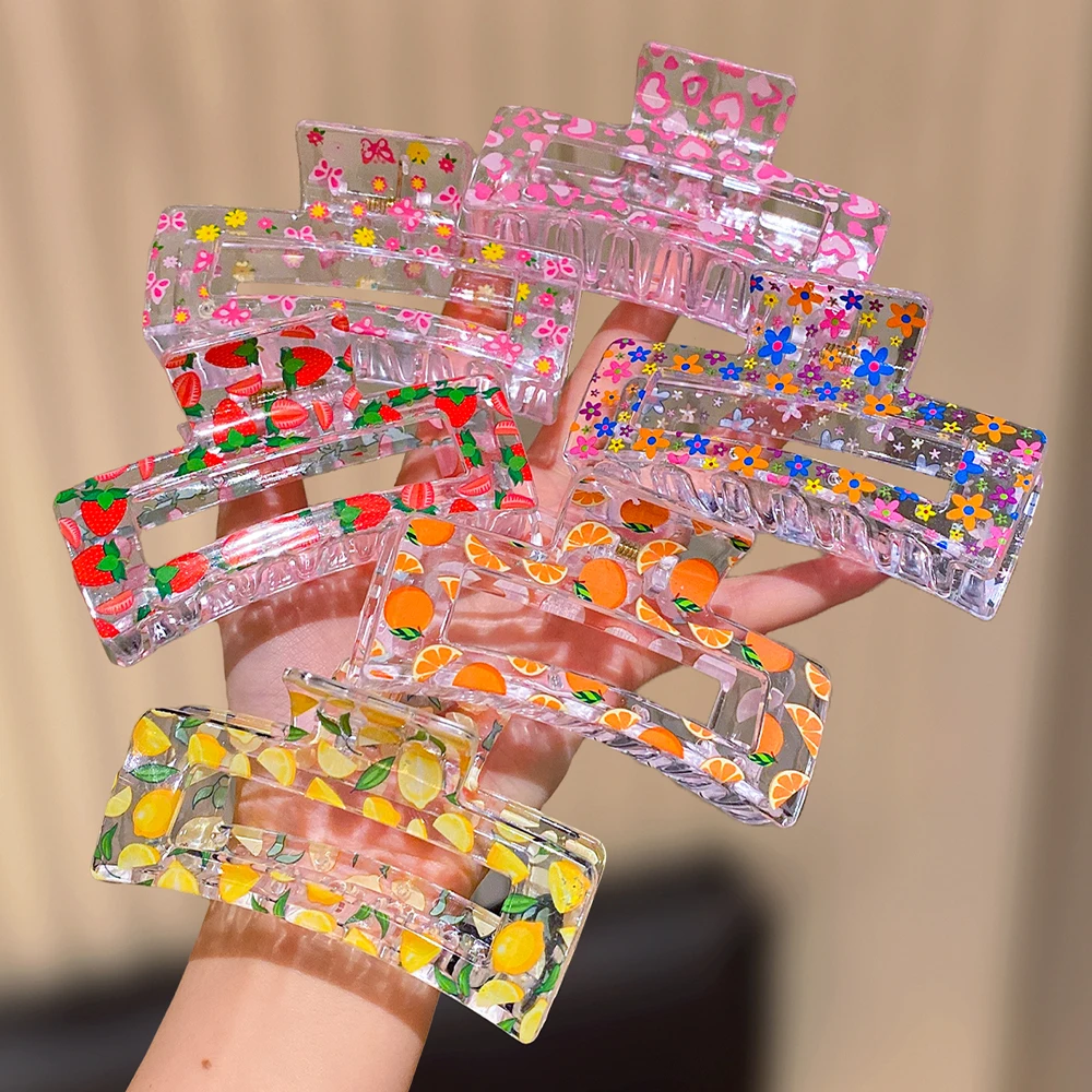 6 square fruit printed hair claws for women, simple and elegant, suitable for daily travel
