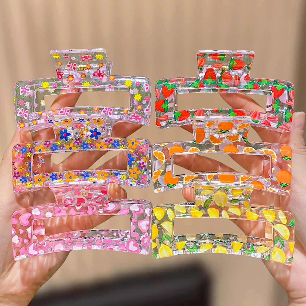 6 square fruit printed hair claws for women, simple and elegant, suitable for daily travel