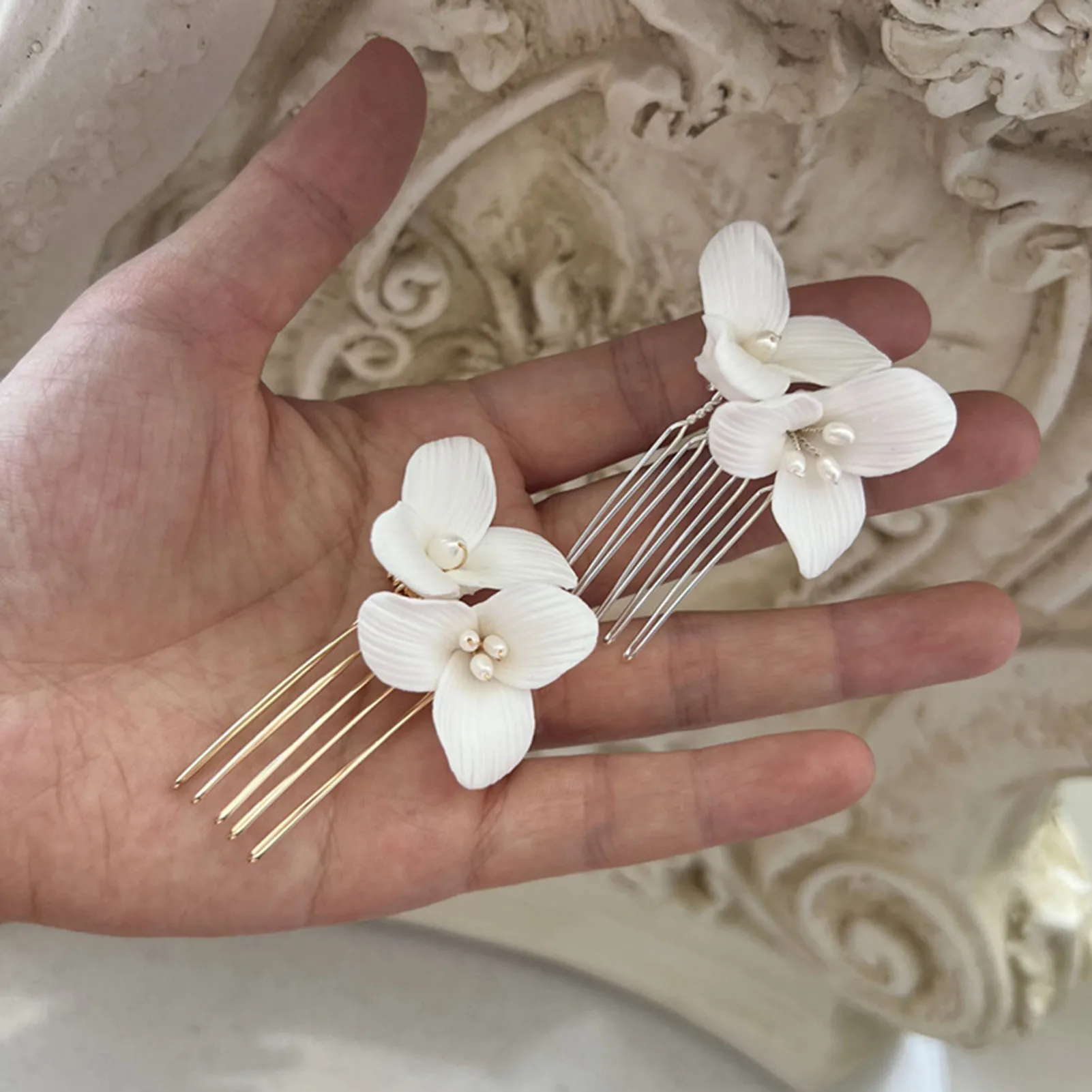Ceramic Flower Side Hair Comb With Pearls Luxurious Headpiece Wedding Hair Accessories For Women Bridal Marriage Hair Jewelry