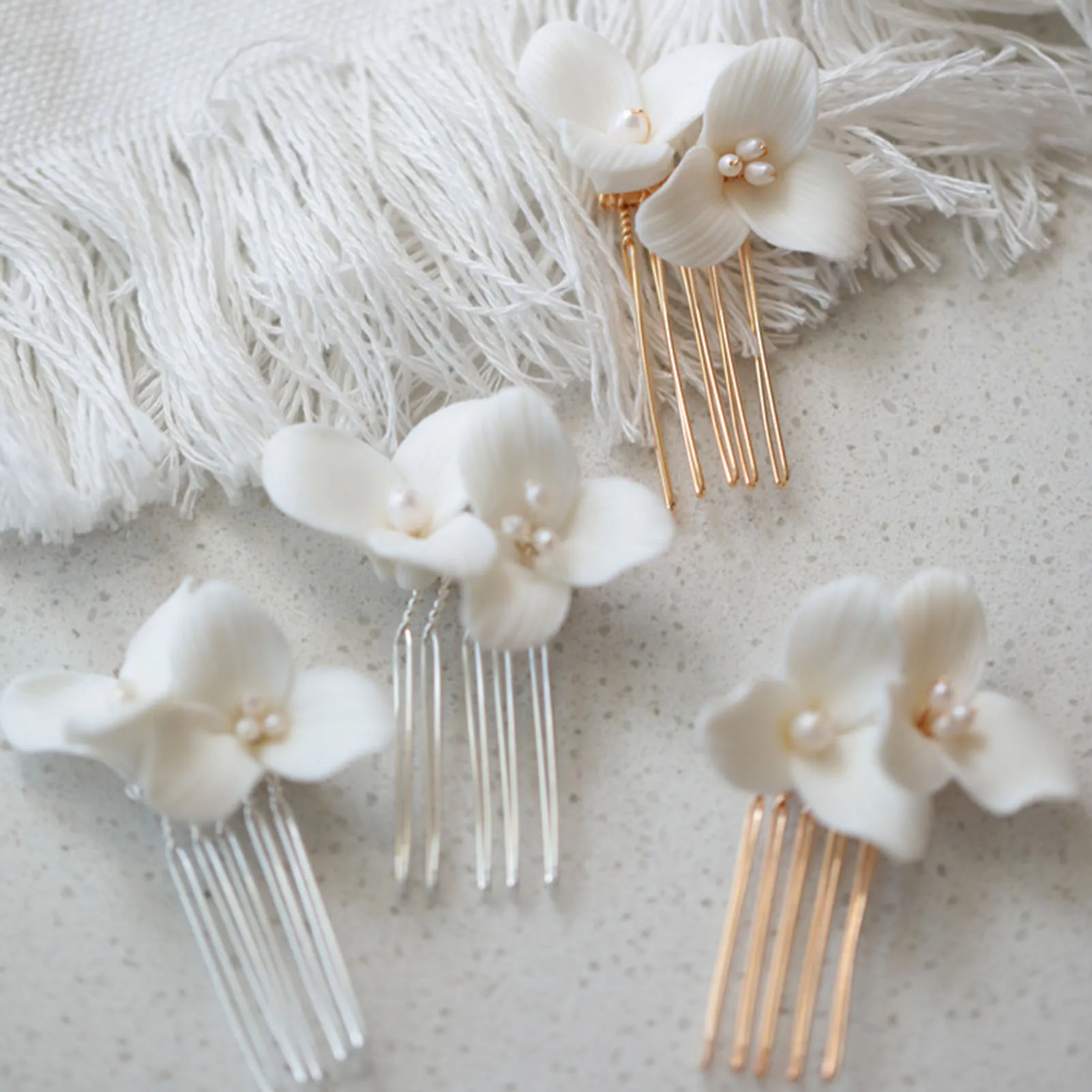 Ceramic Flower Side Hair Comb With Pearls Luxurious Headpiece Wedding Hair Accessories For Women Bridal Marriage Hair Jewelry