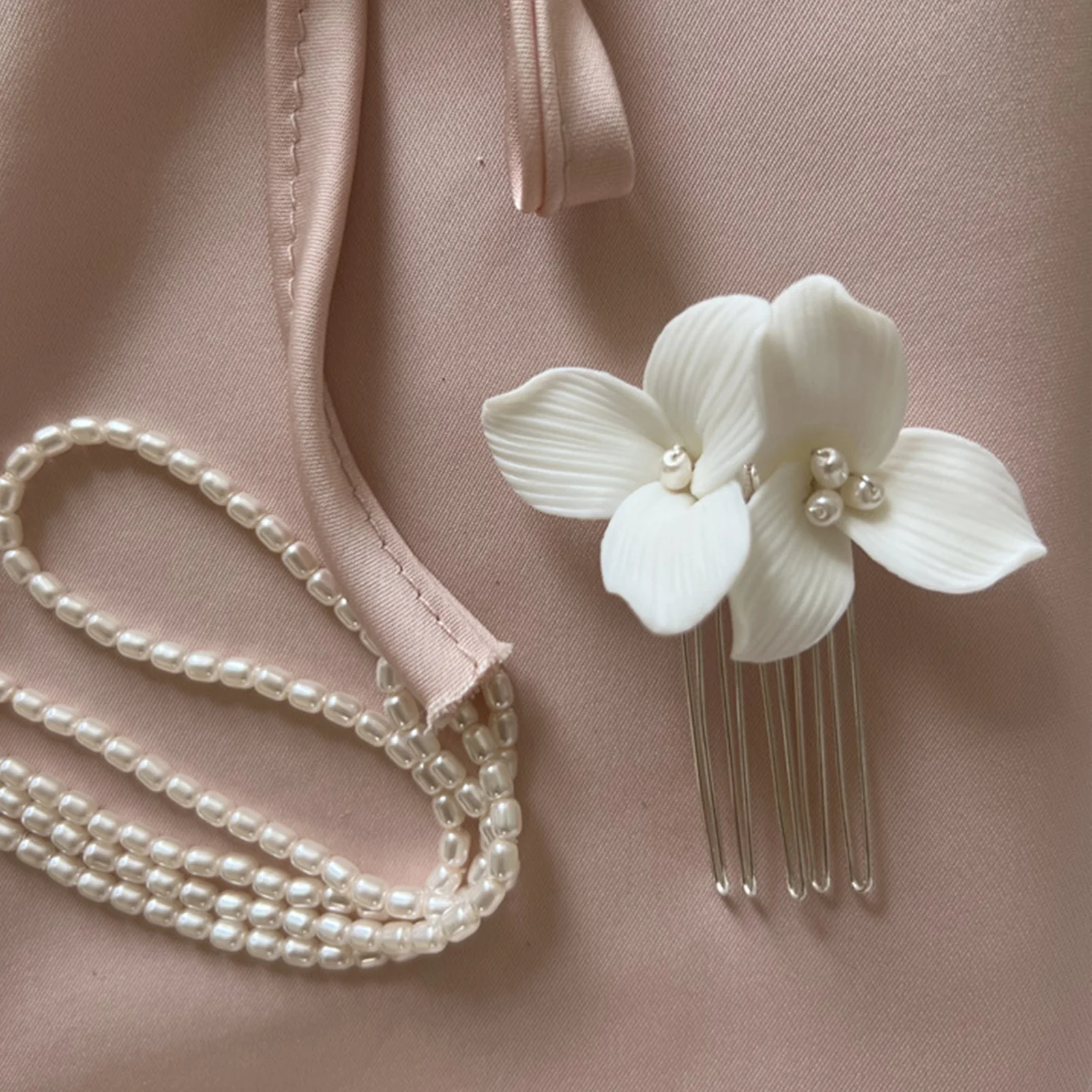 Ceramic Flower Side Hair Comb With Pearls Luxurious Headpiece Wedding Hair Accessories For Women Bridal Marriage Hair Jewelry